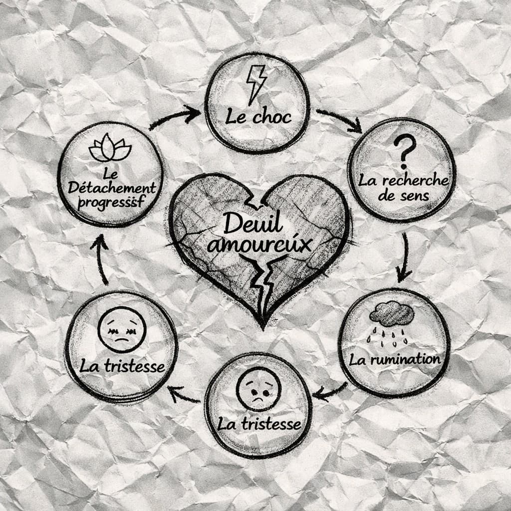 Infographie : les étapes du deuil amoureux autour d'un cœur fissuré